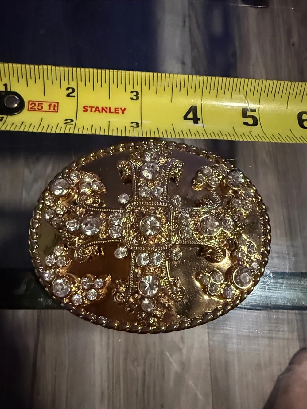 Gold tone Oval Belt Buckle with Crystal Cross Accent